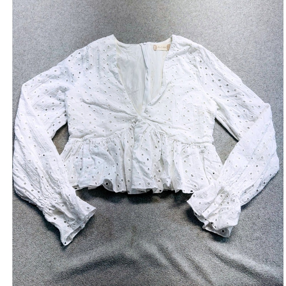 Atlantic State Eyelet Peplum Blouse Women S White Long Sleeve V Neck Cottagecore